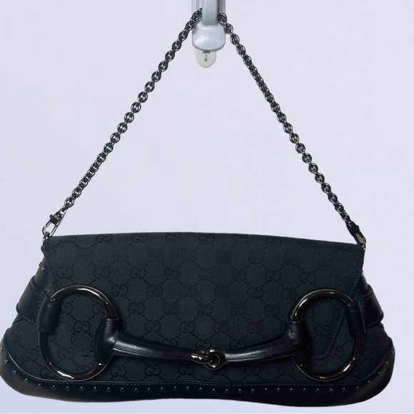 Vintage Gucci Black Horsebit  Monogram Shoulder Bag with Chain Strap - Picture 2 of 9
